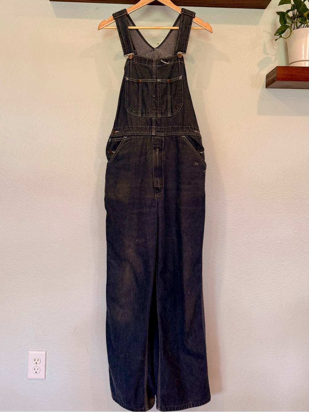 Roebucks Black Wash Denim Overalls Wide Leg Distressed